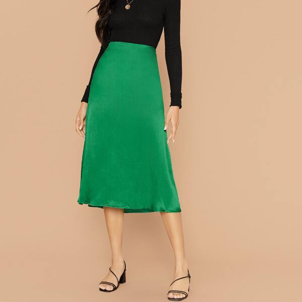 

High Waist Satin A-line Skirt, Green bright