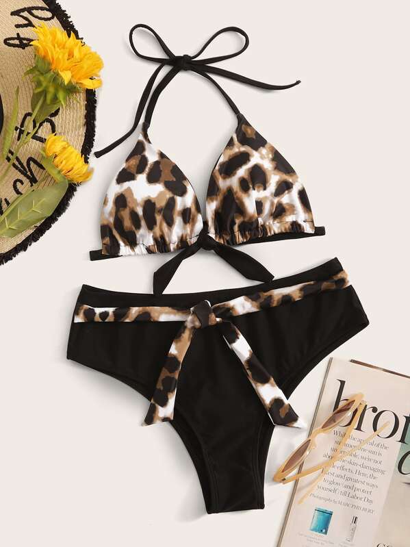 

Leopard Knot Front Triangle Bikini Set, Multicolor
