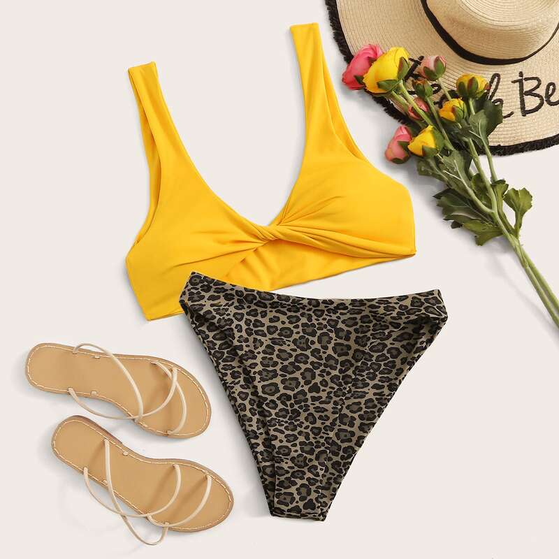 

Twist Top With Leopard High Cut Bikini Set, Multicolor