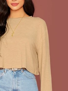 SHEIN Solid Long Sleeve Boxy Crop Top - Khaki - View 4