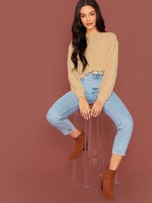 SHEIN Solid Long Sleeve Boxy Crop Top - Khaki - View 5