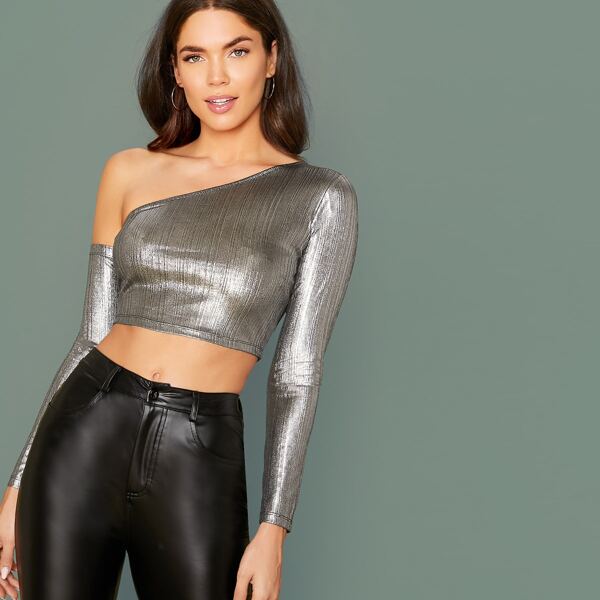 

Asymmetrical Neck Metallic Crop Top, Grey
