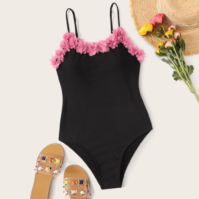 

Appliques Trim One Piece Swimsuit, Black