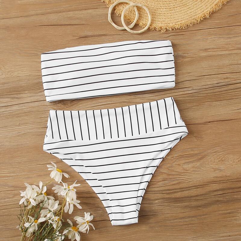 

Striped Bandeau Bikini Set With Detachable Strap, Black and white