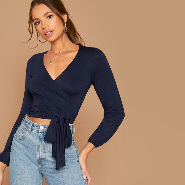 

Solid Wrap Belted Form Fitted Top, Navy blue