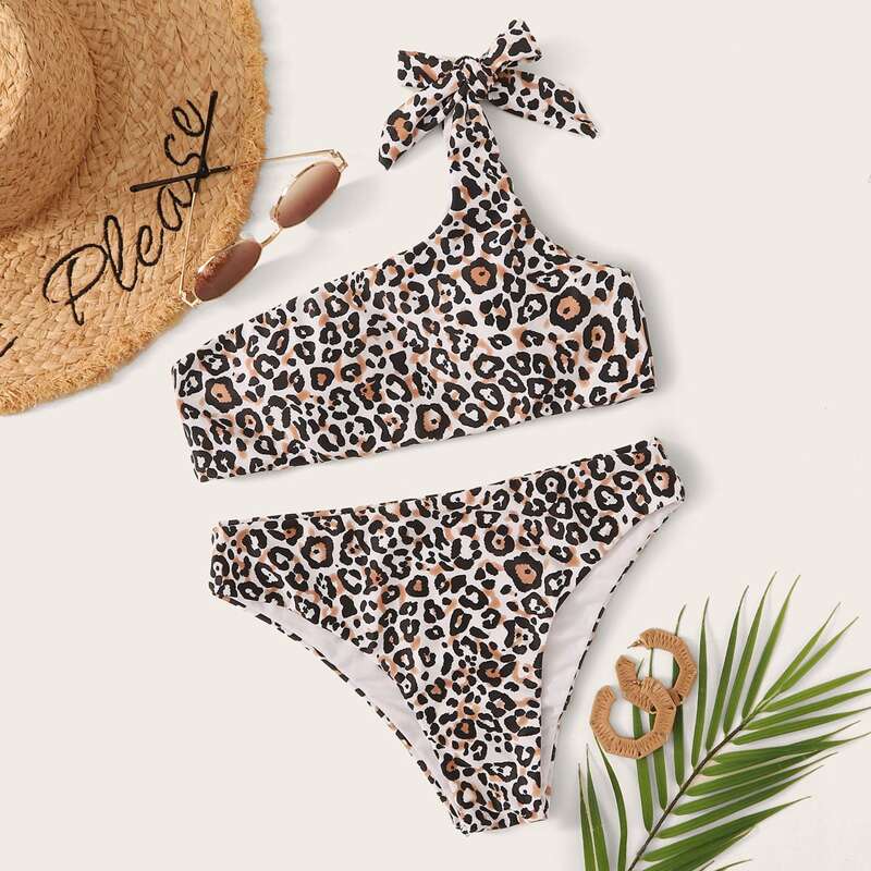 

Leopard Knot One Shoulder Bikini Swimsuit, Multicolor