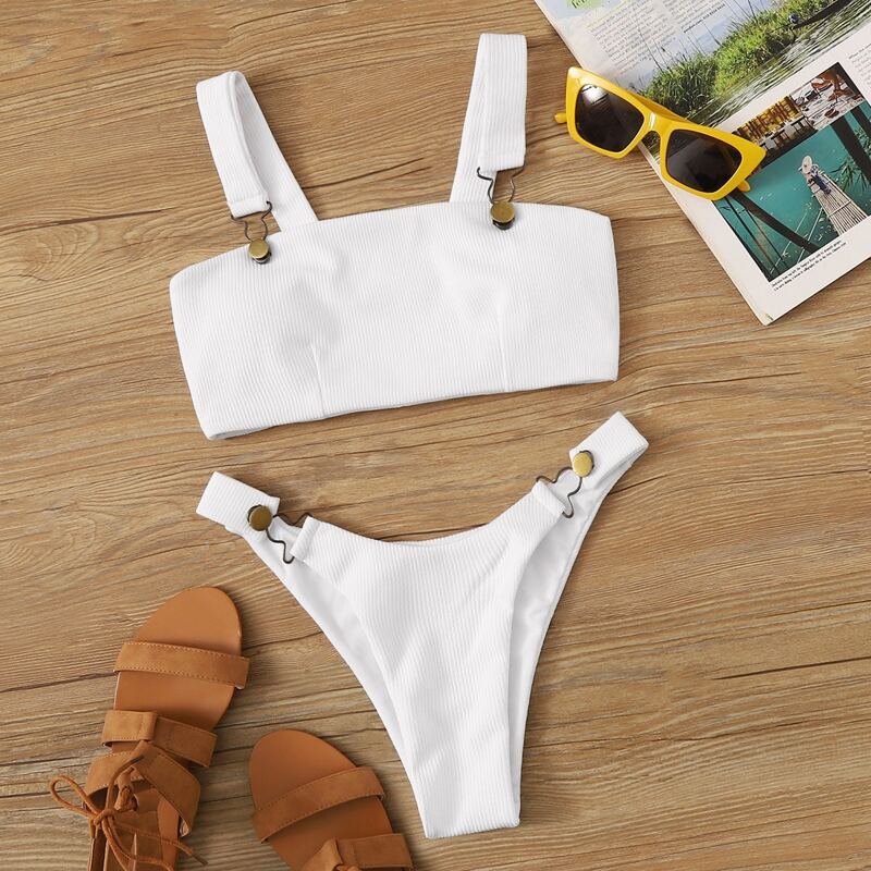 

Rib Top With High Cut Bikini Set, White