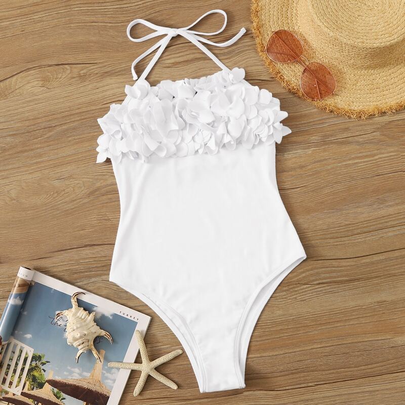

Floral Appliques Halter One Piece Swimwear, White