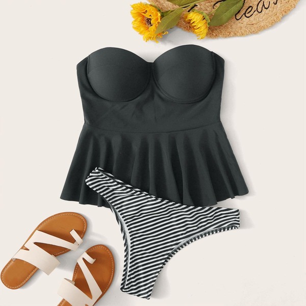 

Ruffle Hem Underwire Bandeau With Striped High Cut Tankini, Grey