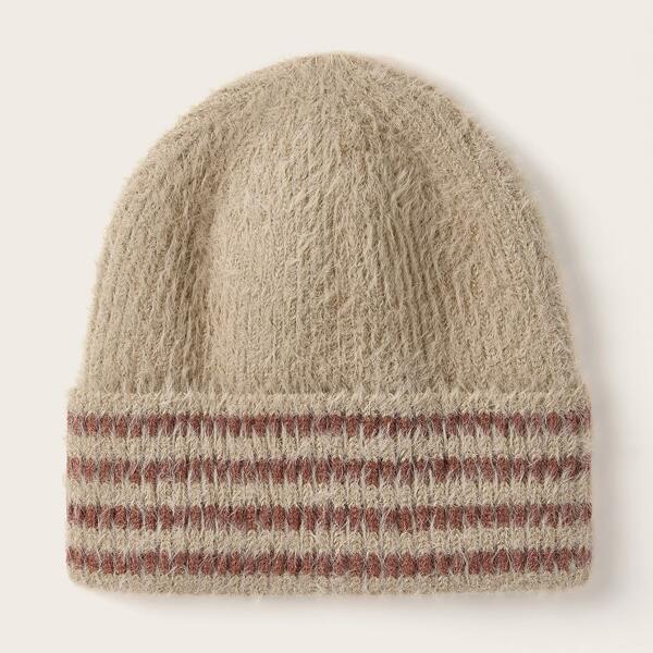 

Striped Pattern Cuffed Beanie, Beige