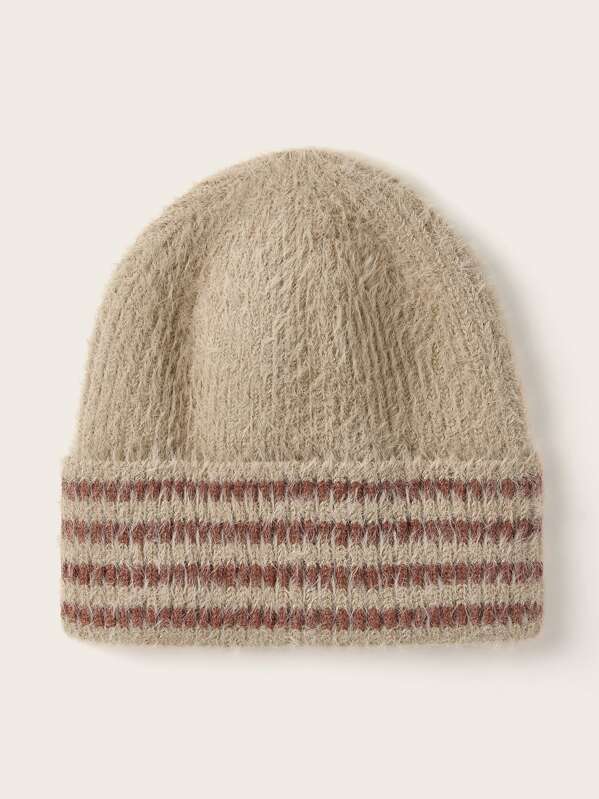 

Striped Pattern Cuffed Beanie, Beige