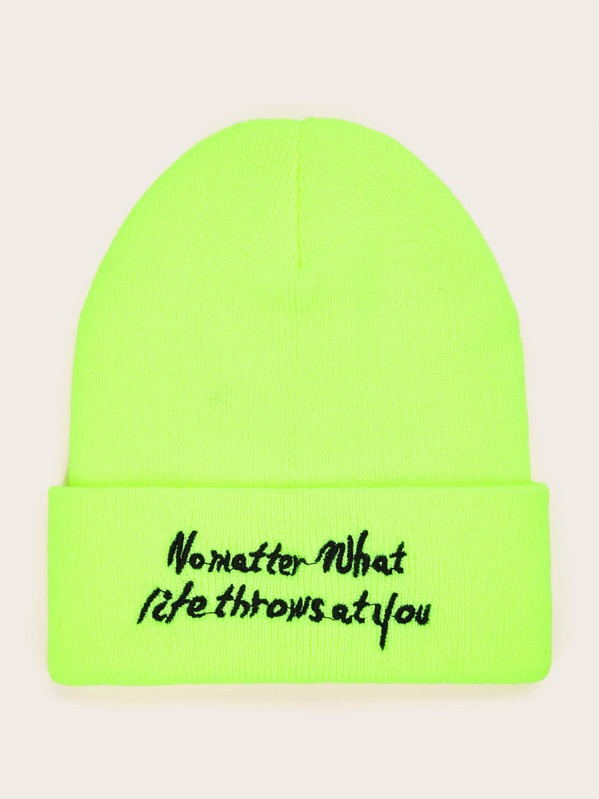

Slogan Embroidery Neon Green Beanie