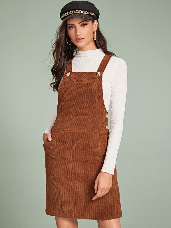 

Corduroy Slant Pocket Buttoned Pinafore Dress, Brown, GG