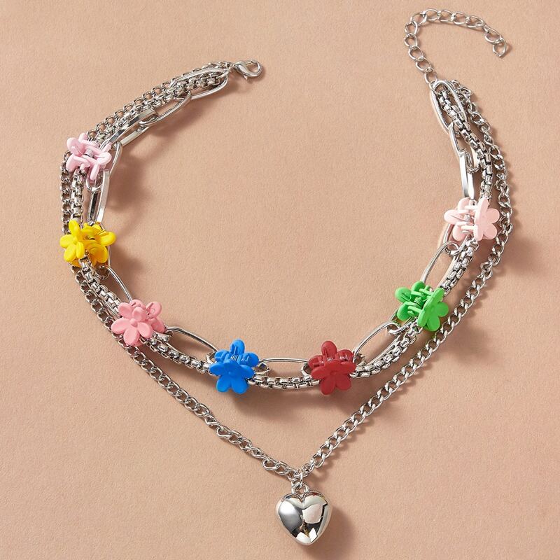 

1pc Heart & Hair Clip Charm Layered Chain Necklace, Multicolor