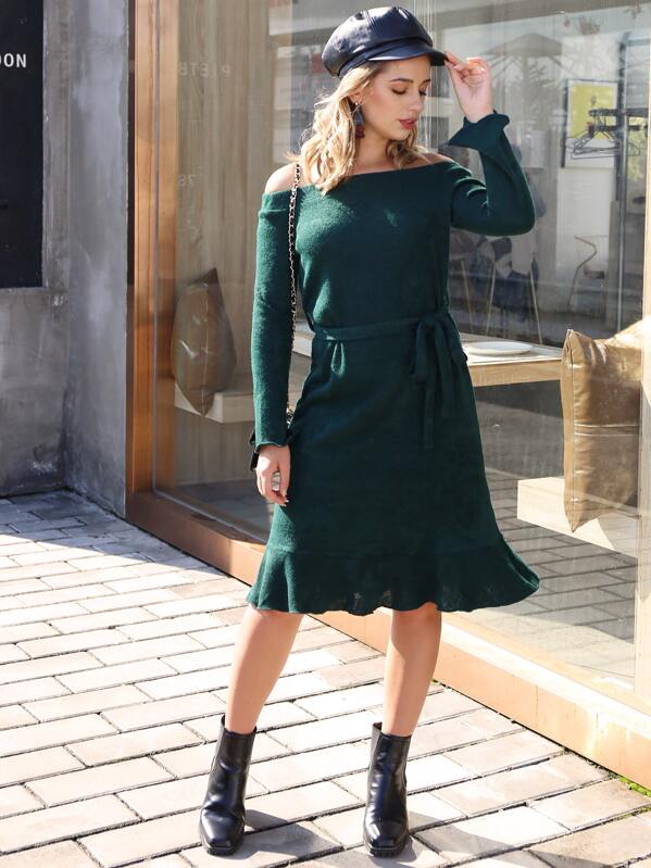 

Bardot Self Tie Ruffle Hem Sweater Dress, Green