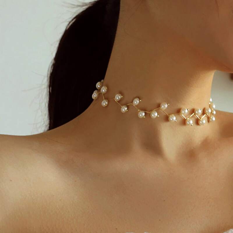 

1pc Pearl Design Choker, Beige