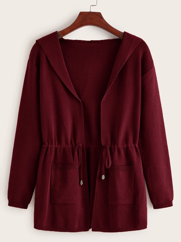 

Dual Pockets Drawstring Waist Hooded Cardigan, Burgundy