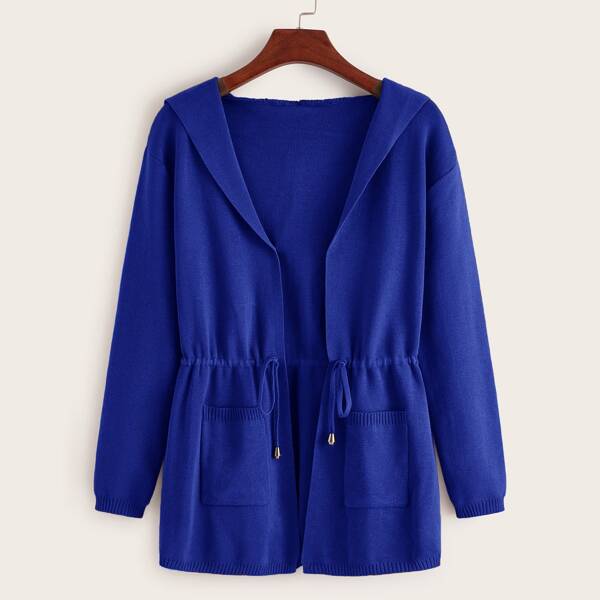 

Dual Pockets Drawstring Waist Hooded Cardigan, Bright navy blue