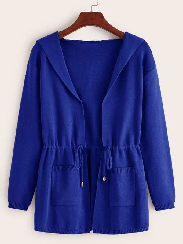 

Dual Pockets Drawstring Waist Hooded Cardigan, Blue