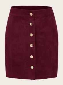 Suedette Button Front Mini Skirt - Burgundy - View 1