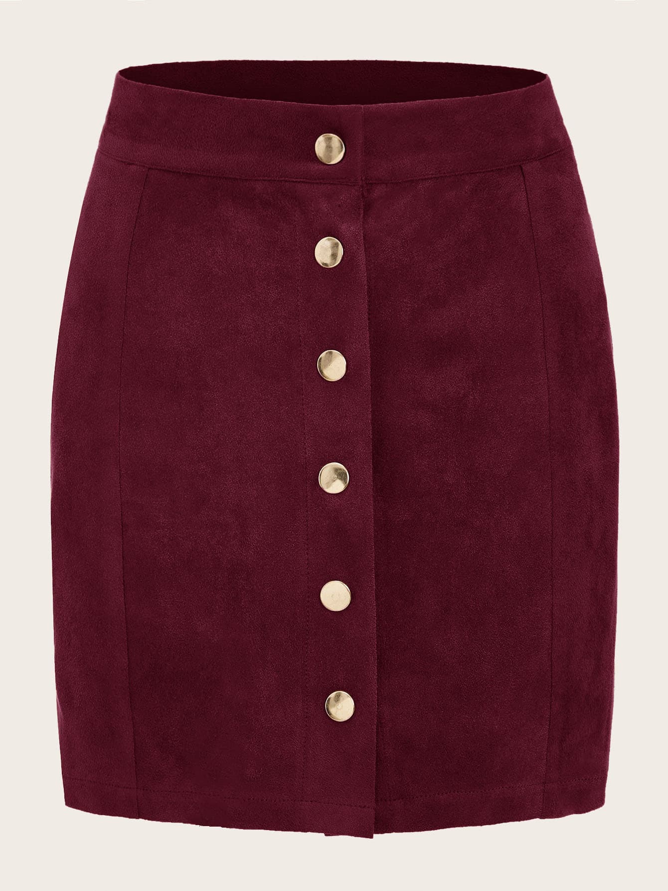 Suedette Button Front Mini Skirt - Burgundy - View 1