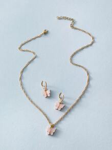 3pcs Butterfly Pendant Necklace & Earrings Set - Pink - View 3