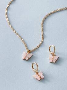 3pcs Butterfly Pendant Necklace & Earrings Set - Pink - View 2