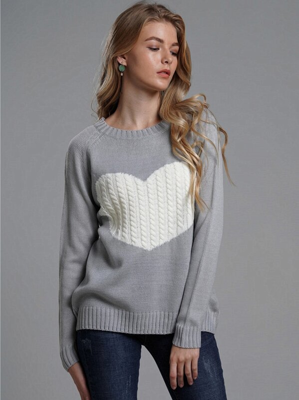 

Heart Pattern Cable Knit Sweater, Grey