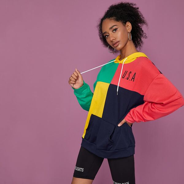 

Color-block Kangaroo Pocket Drawstring Hoodie, Multicolor
