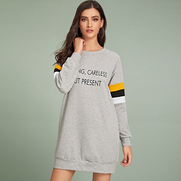 

Contrast Panel Slogan Graphic Sweatshirt Dress, Grey