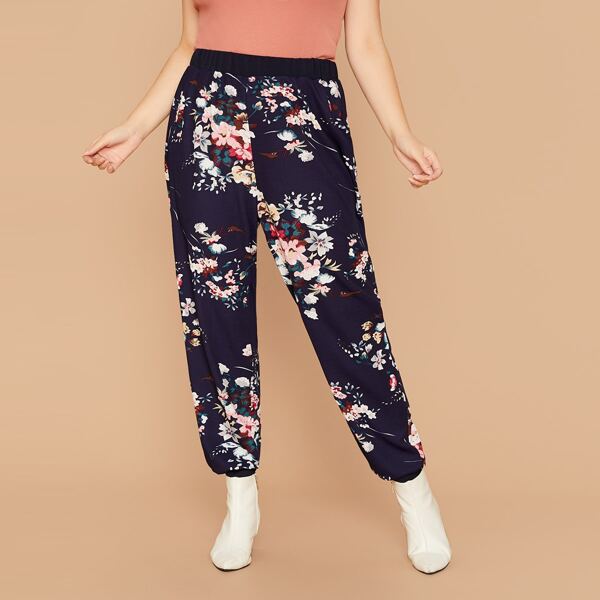 

Plus Floral Print Tapered Pants, Navy