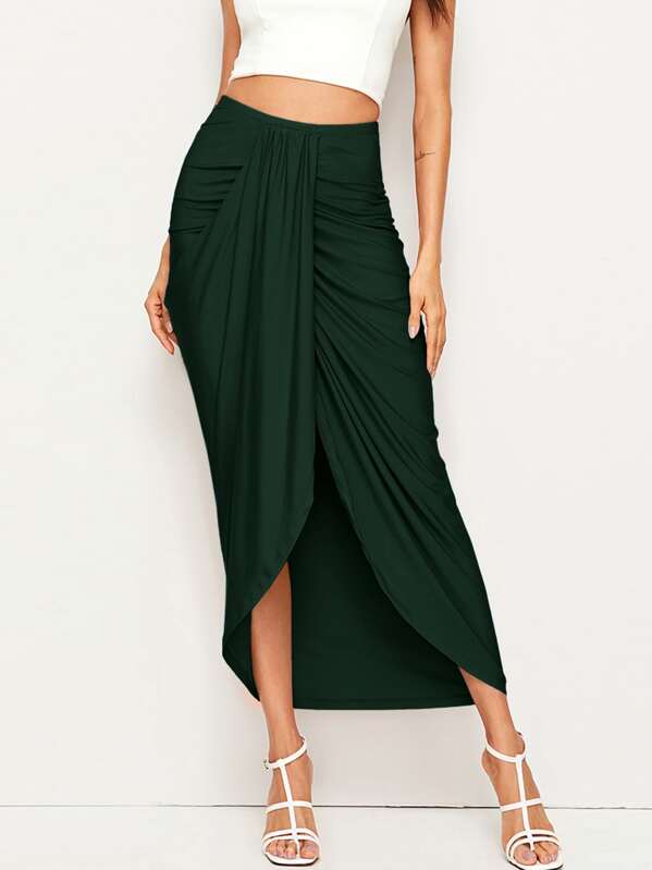 

High Waist Draped Skirt, Green, Andy