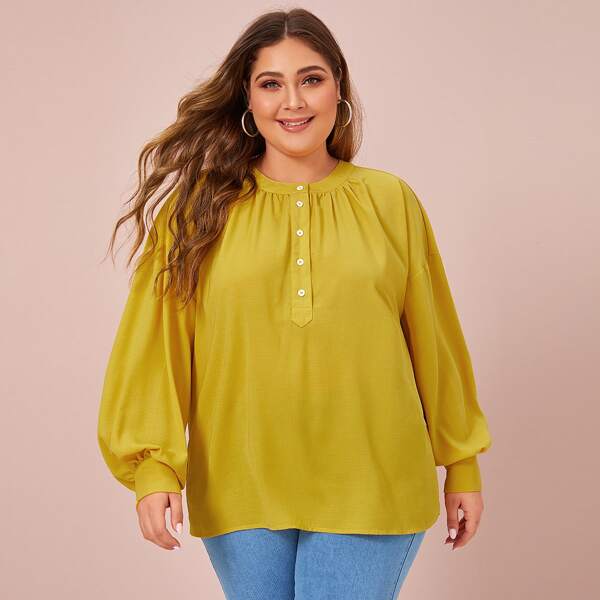 

Plus Button Half Placket Bishop Sleeve Top, Yellow bright