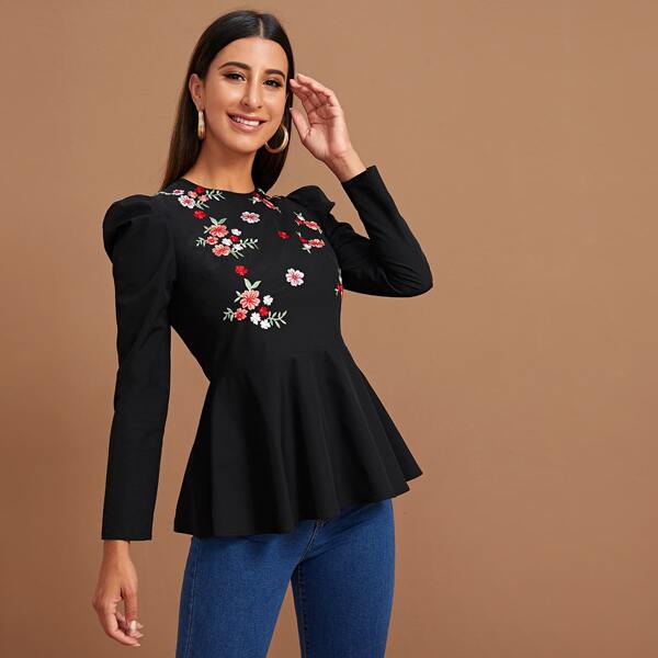 

Gigot Sleeve Floral Embroidered Peplum Top, Black