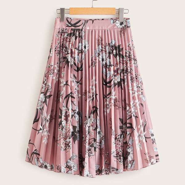 

Wide Waistband Floral Print Pleated Skirt, Pink pastel