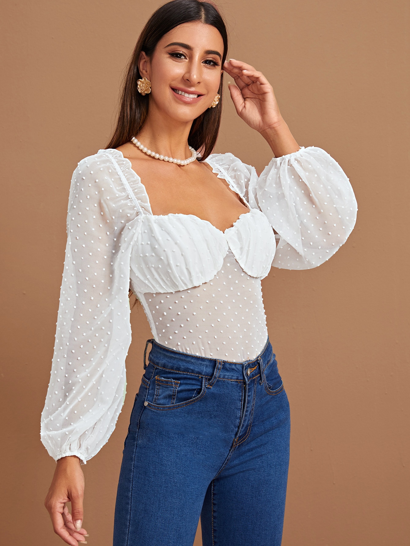 frill trim swiss dot ruched bustier sheer bodysuit | shein eur