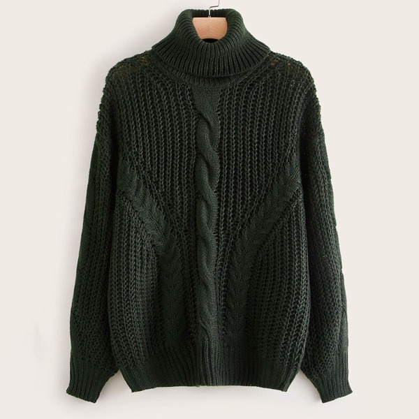 

Plus Rolled Neck Cable Knit Sweater, Army green