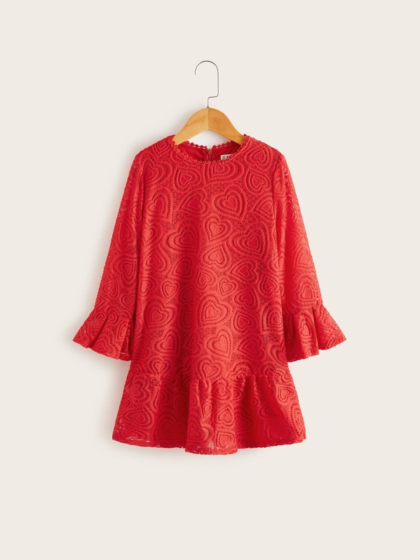 

Girls Zipper Back Ruffle Cuff Guipure Lace Dress, Red