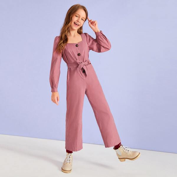 

Girls Sweetheart Button Front Belted Jumpsuit, Pink