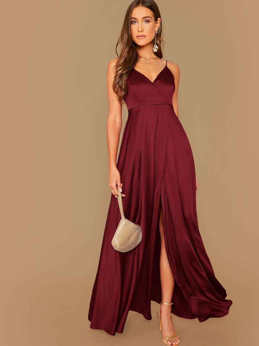 SHEIN Vestido de satén unicolor cruzado - Burdeos - Ver 1