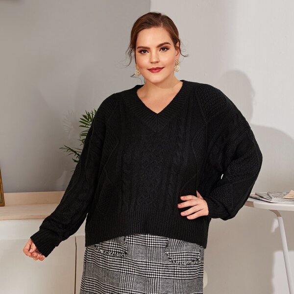 

Plus V-neck Drop Shoulder Mixed Knit Sweater, Black