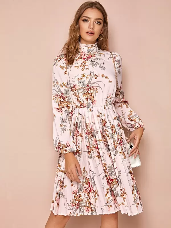 Frilled neck floral print pleated dress