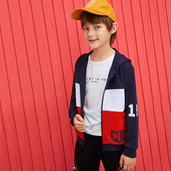 

Boys Letter Graphic Colorblock Zipper Up Hooded Jacket, Multicolor