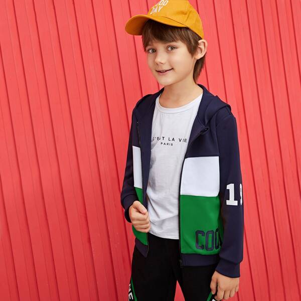 

Boys Letter Graphic Colorblock Zipper Up Hooded Jacket, Multicolor