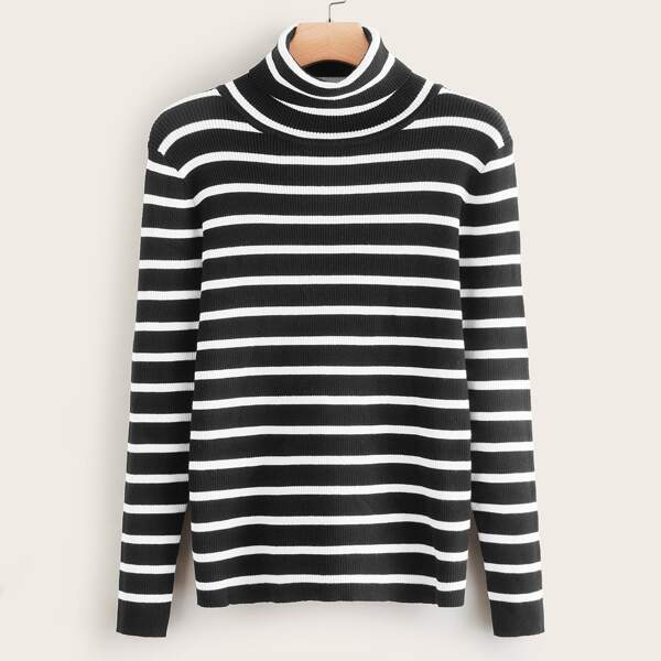 

Plus High Neck Striped Sweater, Black and white