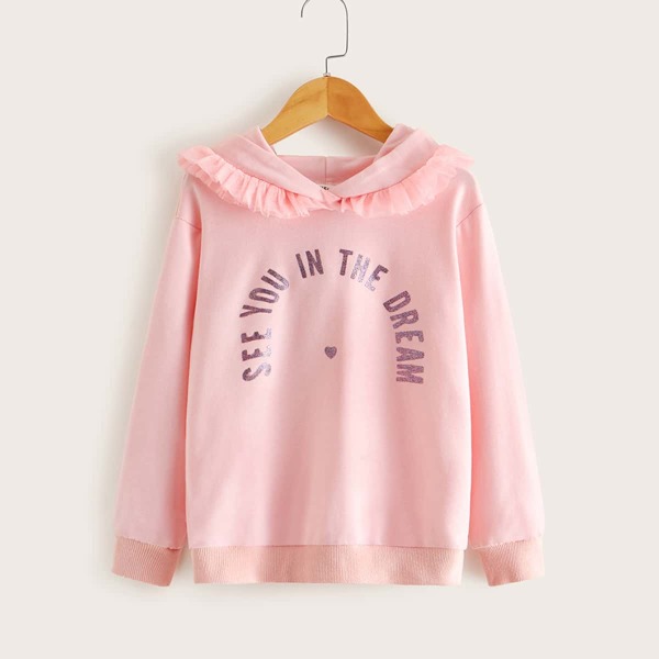 

Girls Slogan Graphic Mesh Ruffle Trim Hoodie, Pink pastel