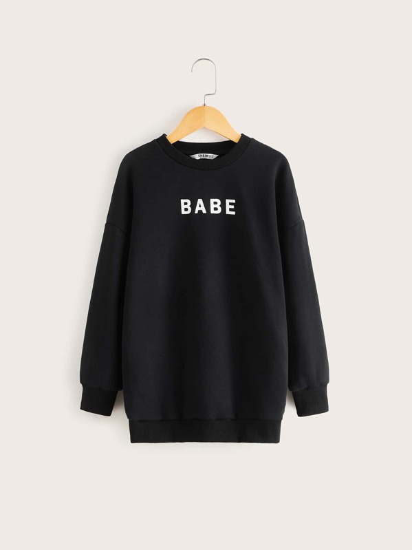 

Girls Drop Shoulder Letter Graphic Pullover, Black