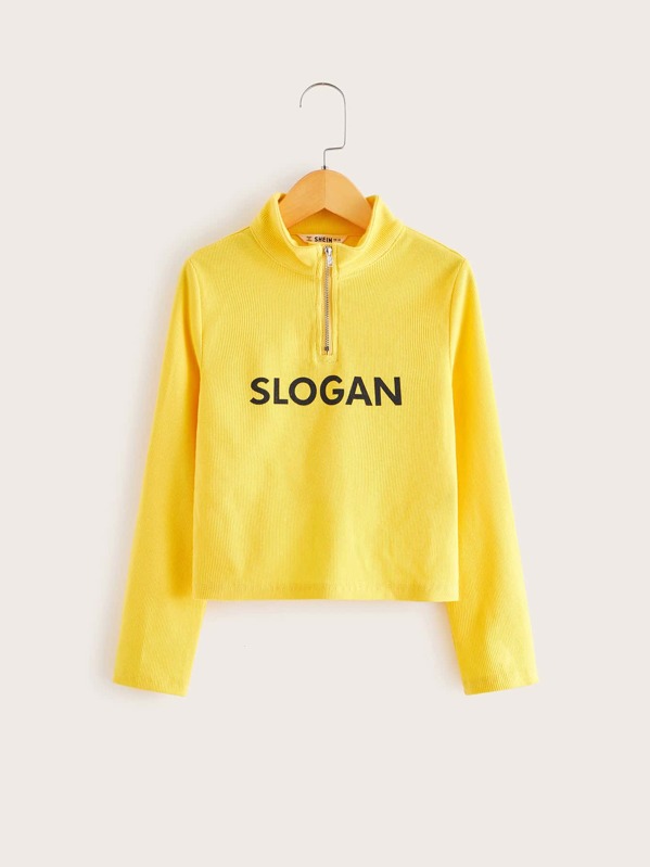 

Girls Letter Graphic Zip Half Placket Rib-knit Tee, Yellow