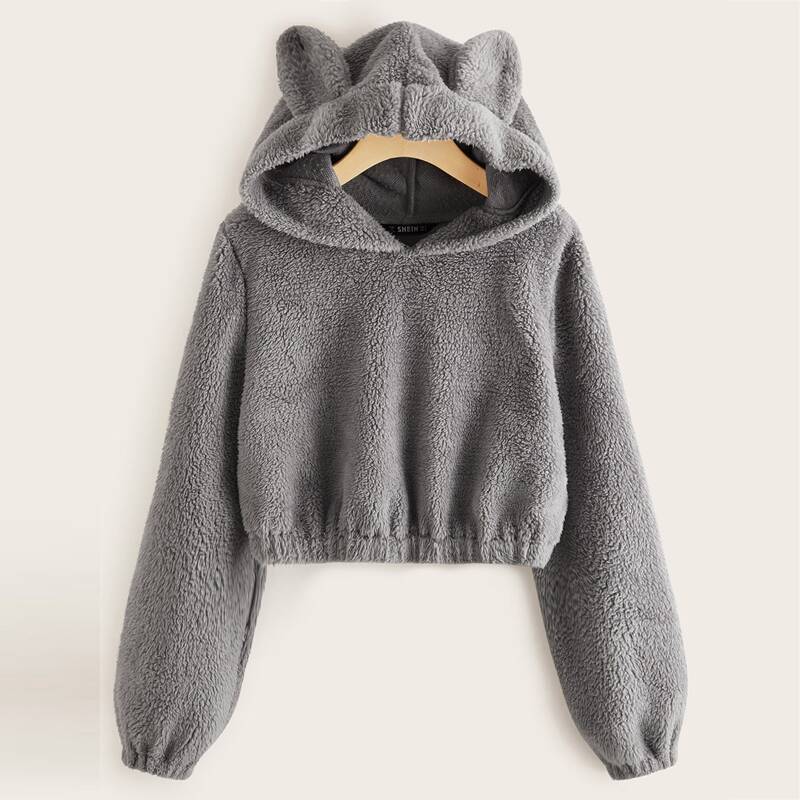 

Solid Teddy Ear Hoodie, Grey