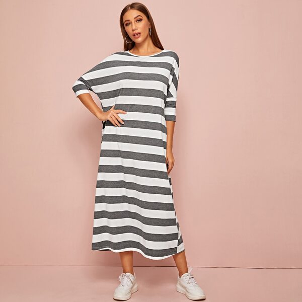 

Dolman Sleeve Pocket Side Striped Jersey Dress, Grey
